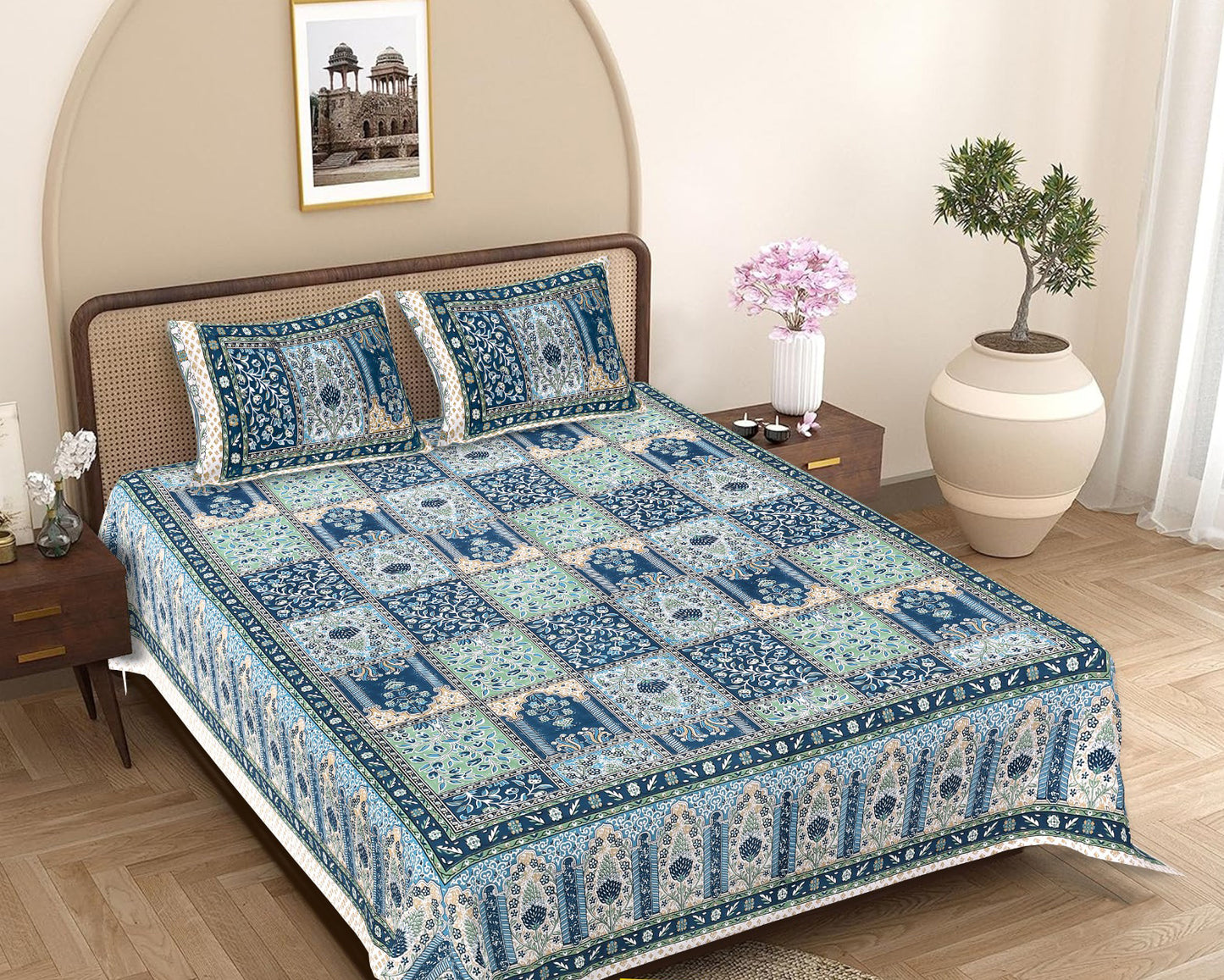 Jaipuri Cotton Double Bed sheet with 2 pillow covers