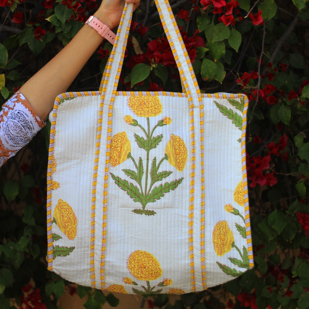 Handblock Printed Tote Bag with concealed zip