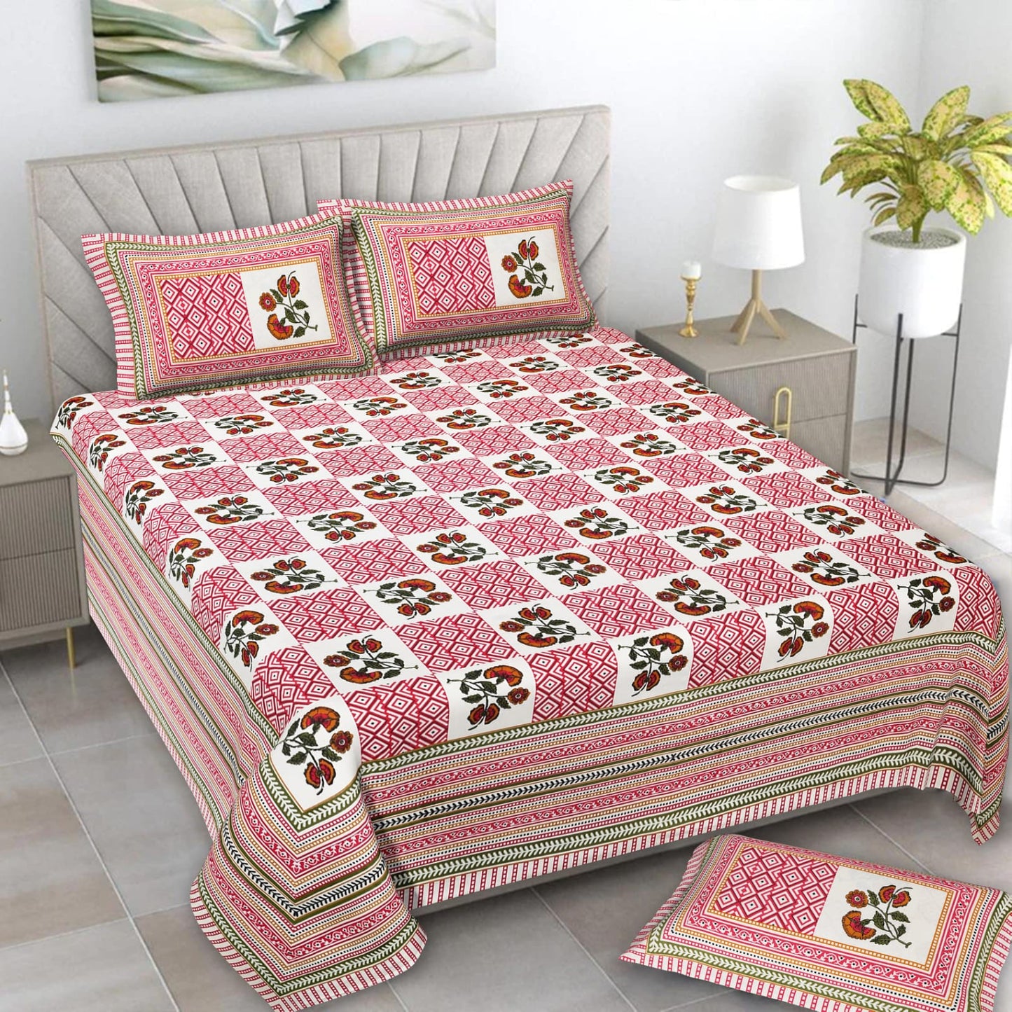 Cotton Double Bed sheet with 2 pillow