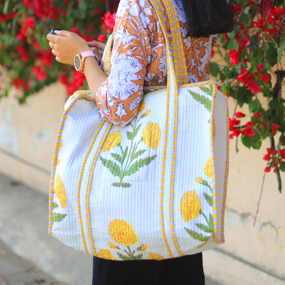 Handblock Printed Tote Bag with concealed zip