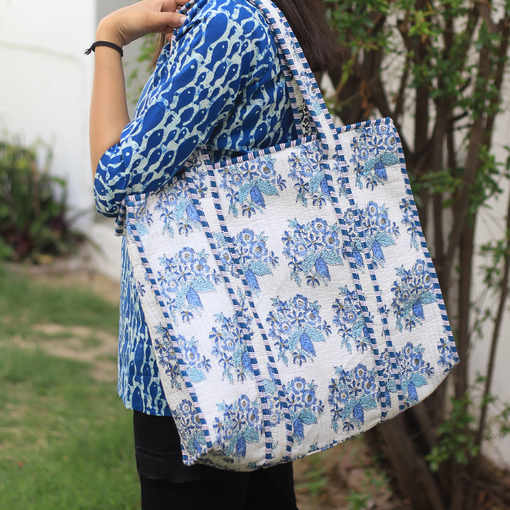 Handblock Printed Quilted Tote Bag with concealed zip