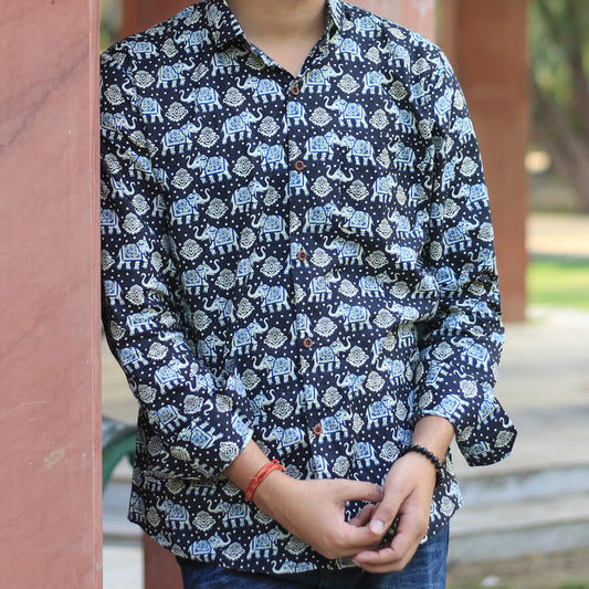 Sanganeri Handblock  Print Shirt black