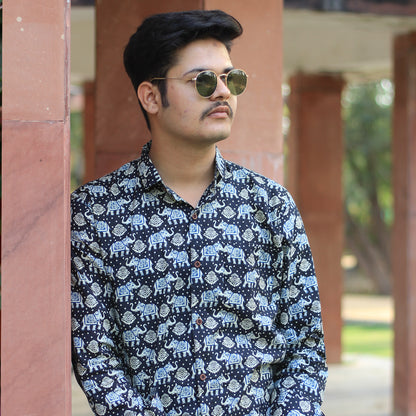 Sanganeri Handblock  Print Shirt black