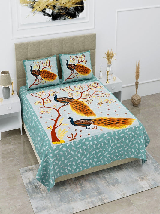 Peacock Print Cotton Double Bedsheet with 2 Pillow Covers