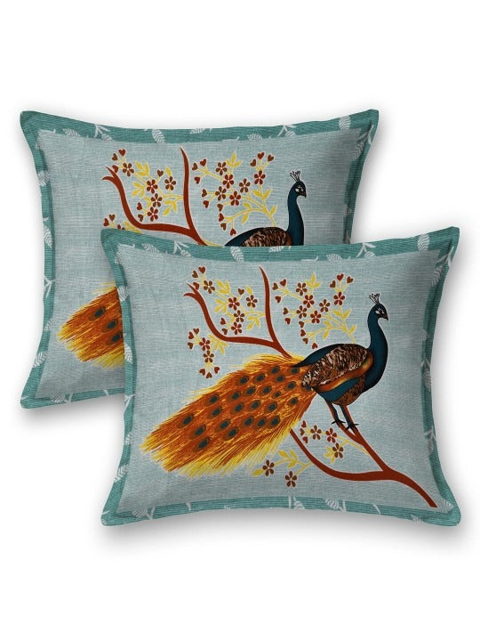 Peacock Print Cotton Double Bedsheet with 2 Pillow Covers