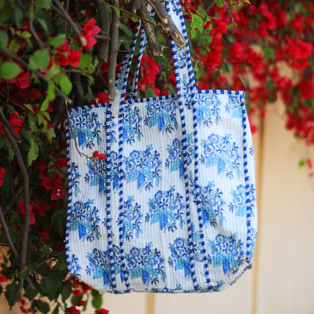 Handblock Printed Quilted Tote Bag with concealed zip